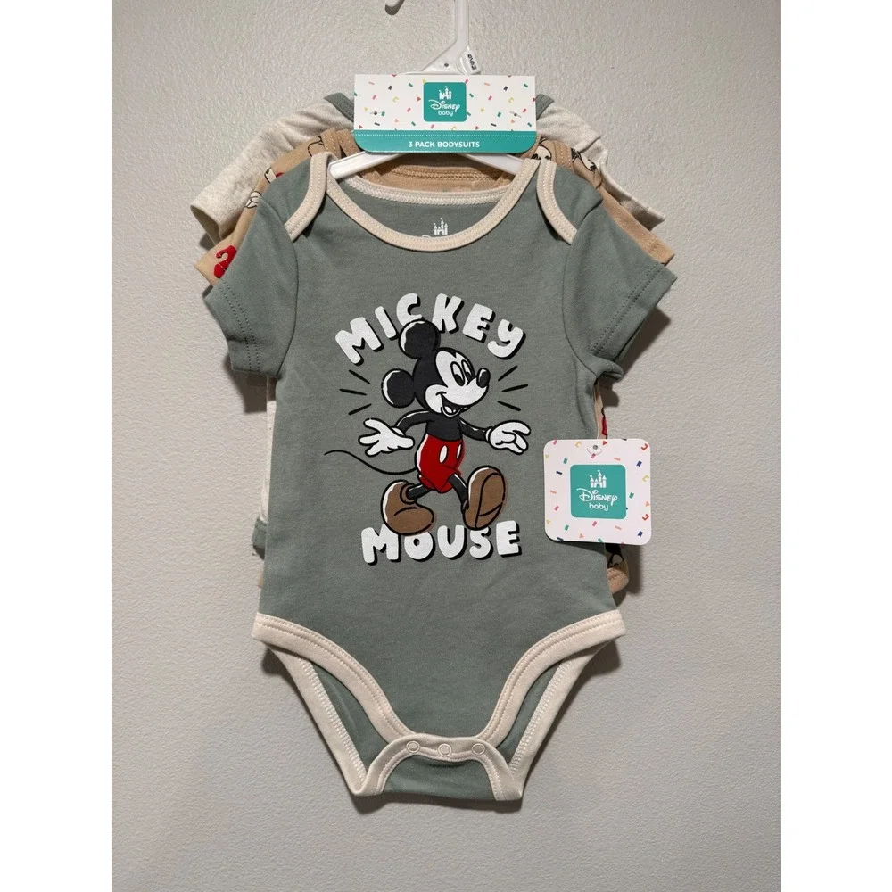 Disney Baby Mickey Mouse 3 Pack Bodysuits Sage Tan Grey 6-9 Months NEW